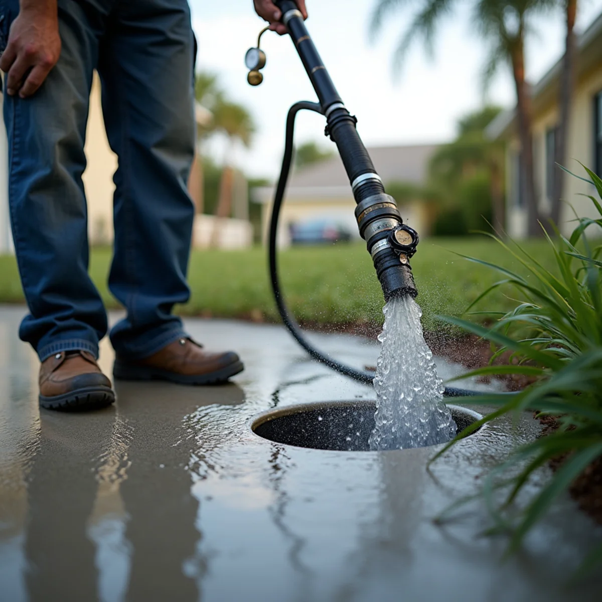 Red Eagle Plumbers plumber performing drain cleaning in a Tarpon Springs, FL home