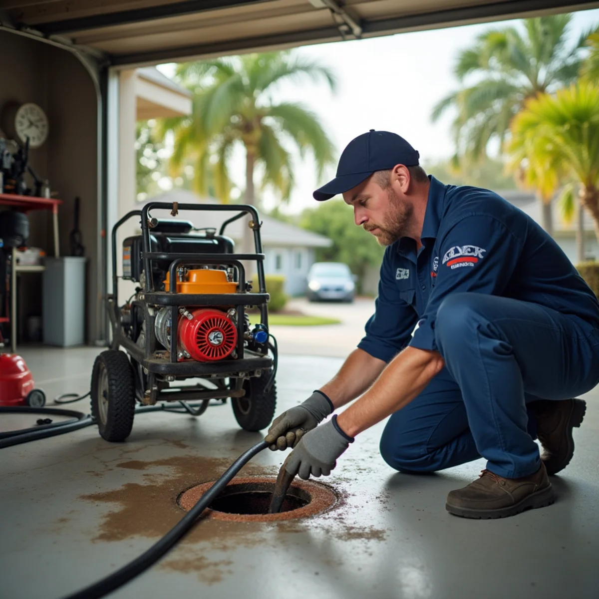 Plumber clearing a clogged drain line with a cable machine in a Tarpon Springs, FL home