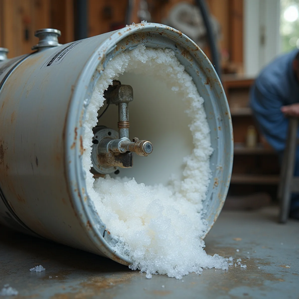 Sediment and scale buildup drained from a water heater tank in a Pinellas County home
