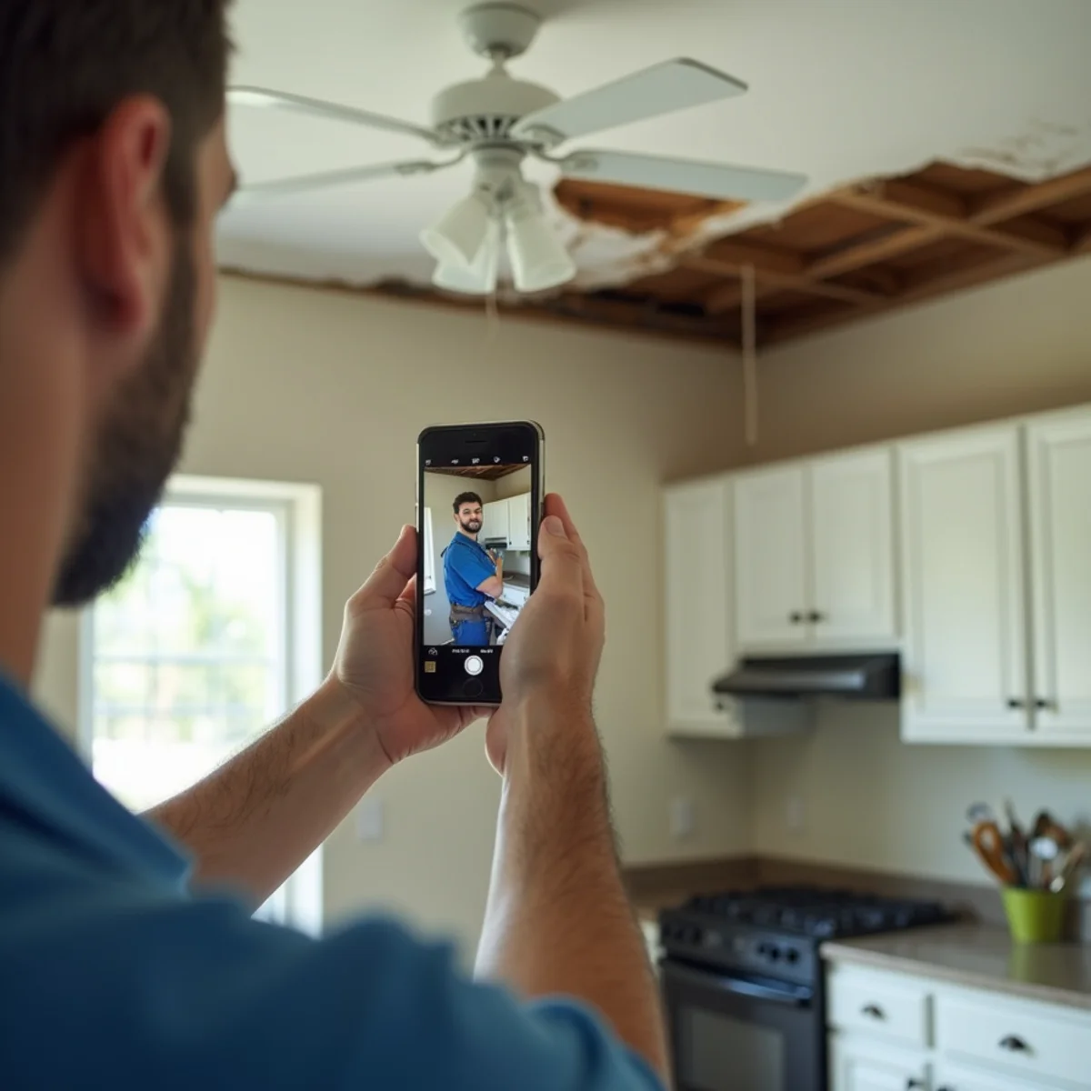 Homeowner photographing water-damaged flooring for an insurance claim in a Florida home