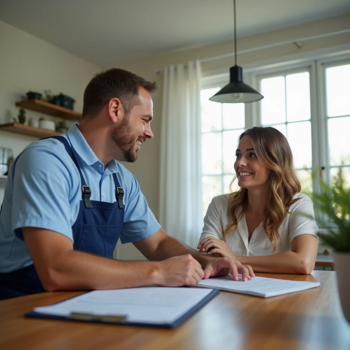 Licensed plumber reviewing a written estimate with a homeowner in a Tarpon Springs kitchen
