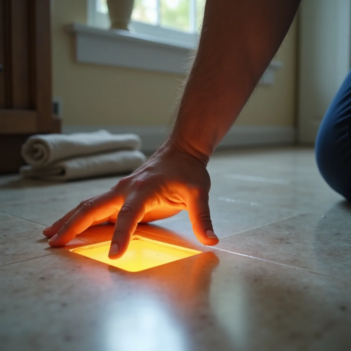 Warm spot on a tile floor caused by a hot-water slab leak in a Florida home
