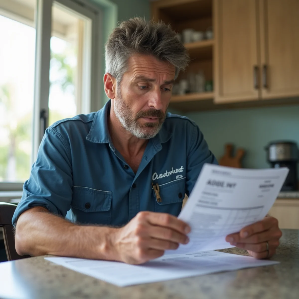 Homeowner reviewing a water bill showing a sudden spike from a slab leak