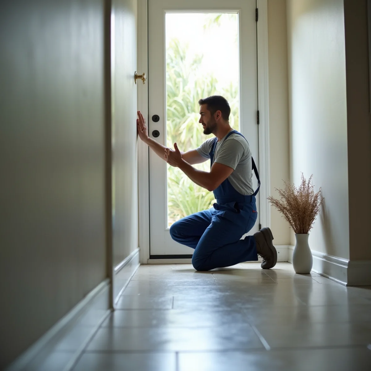Person listening for the sound of running water near a slab floor