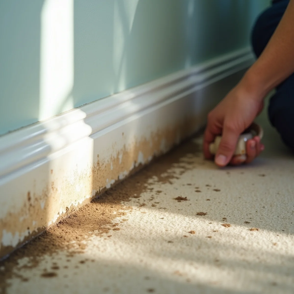 Damp carpet and mildew near a baseboard from moisture rising through a slab