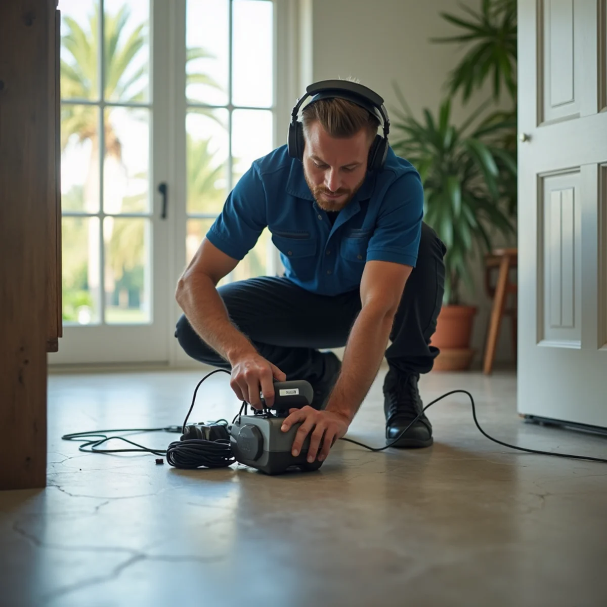 Plumber using electronic leak detection equipment on a slab floor in a Florida home